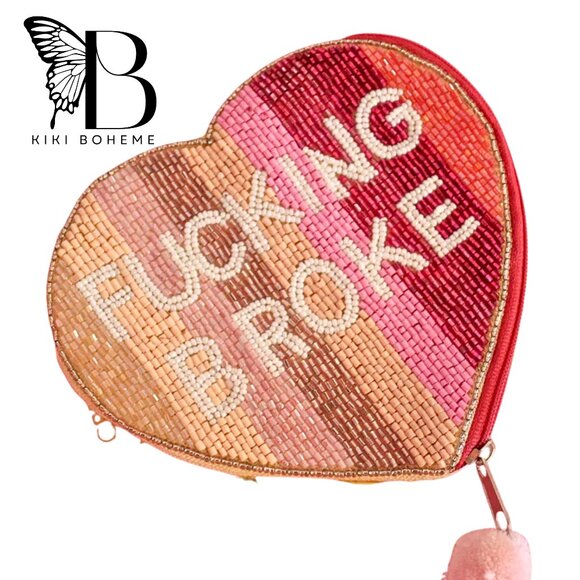 NEW Seed Beaded Pink Rainbow Ombre Coin Makeup Storage Pouch Heart Broke - Picture 3 of 4